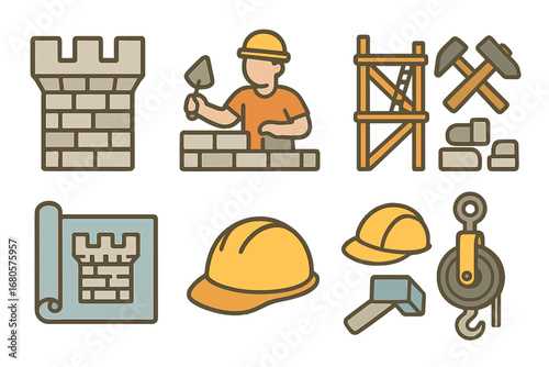 Castle Construction Icons. Flat vector mini-illustrations battlements construction in colors children's illustrations: stone