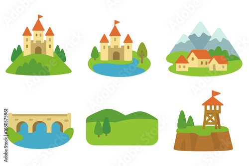Castle in Wonderland. Flat vector mini-illustrations fortification landscapes in colors children's illustrations: castle on hill,