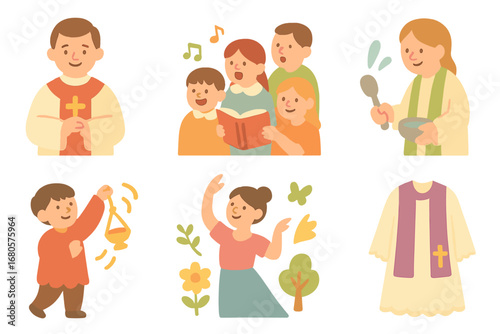 Ceremony and Nature Icons. Flat vector mini-illustrations hallowed ceremonies in colors children's illustrations: priest, choir