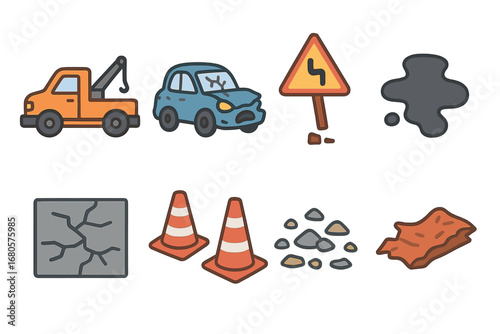 Car Accident Icons. Flat vector mini-illustrations car crash aftermath in colors children's illustrations: tow truck, damaged