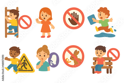 Child Safety Icons. Flat vector mini-illustrations warning signs for children in colors children's illustrations: no climbing,
