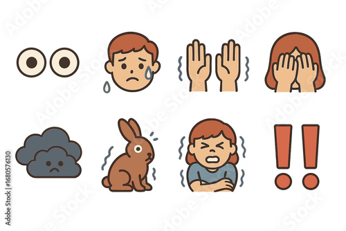 Childhood Fears Icons. Flat vector mini-illustrations fear and anxiety in colors children's illustrations: wide eyes, sweating