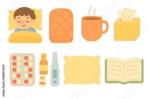 Child's Cozy Sick Day. Flat vector mini-illustrations infection and rest in colors children's illustrations: child sleeping, cozy