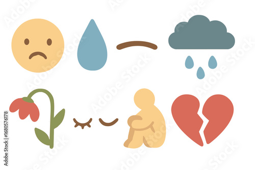 Childhood Sadness Icons. Flat vector mini-illustrations gloomy emotions in colors children's illustrations: sad face, tear drop,