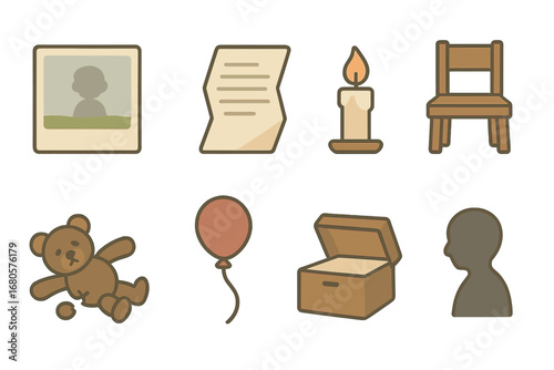 Childhood Memories Icons. Flat vector mini-illustrations sorrow and memories in colors children's illustrations: faded photograph,
