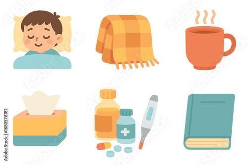 Child's Cozy Sick Day. Flat vector mini-illustrations infection and rest in colors children's illustrations: child sleeping, cozy