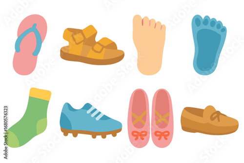 Children's Colorful Footwear Icons. Flat vector mini-illustrations toe footwear in colors children's illustrations: flip flop,