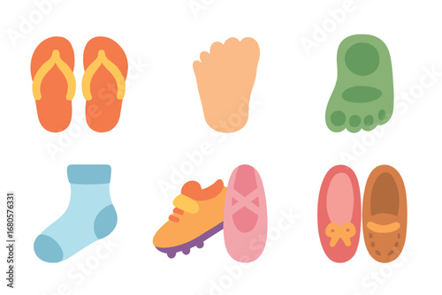 Children's Colorful Footwear Icons. Flat vector mini-illustrations toe footwear in colors children's illustrations: flip flop,