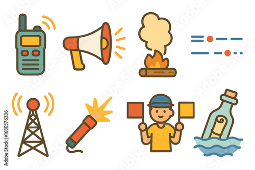 Children's Communication Icons. Flat vector mini-illustrations communication signals in colors children's illustrations: