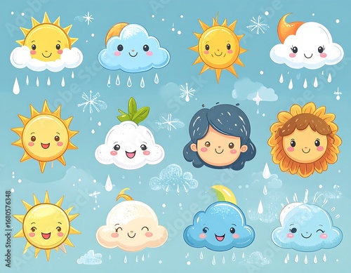 A collection of cheerful weather-themed illustrations featuring suns, clouds, a moon, and a sunflower, all with cute, expressive faces, set against a light blue background.