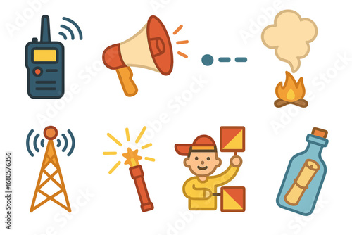 Children's Communication Icons. Flat vector mini-illustrations communication signals in colors children's illustrations: