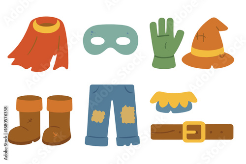 Children's Costume Icons. Flat vector mini-illustrations costume wear in colors children's illustrations: ripped cape, faded mask,