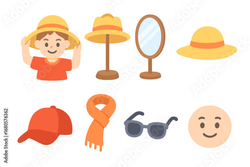 Children's Costume and Hat Fun. Flat vector mini-illustrations hat try on in colors children's illustrations: child trying on hat,