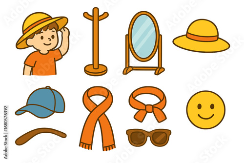 Children's Costume and Hat Fun. Flat vector mini-illustrations hat try on in colors children's illustrations: child trying on hat,