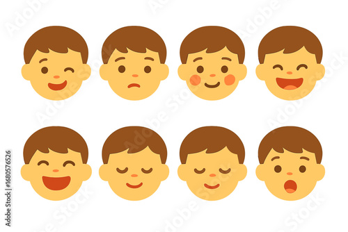 Children's Facial Icons. Flat vector mini-illustrations facial expressions in colors children's illustrations: wink, raised