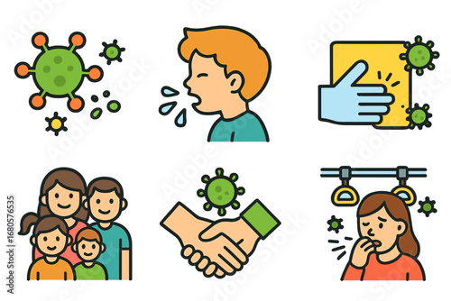 Children's Epidemic Icons. Flat vector mini-illustrations epidemic spread in colors children's illustrations: virus particles,