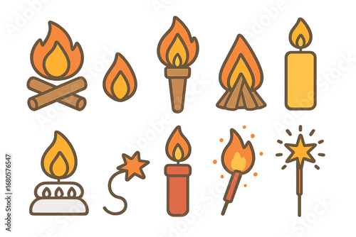 Children's Fire Illustrations. Flat vector mini-illustrations fire ignition in colors children's illustrations: campfire, torch,