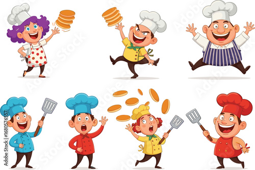 Funny cartoon chefs cooking pancakes, holding spatulas, colorful character set for restaurant design, kids menu, bakery poster, recipe book illustration