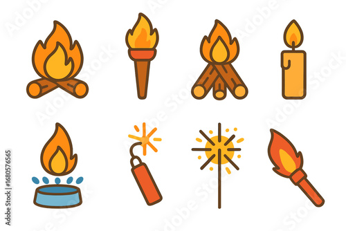 Children's Fire Illustrations. Flat vector mini-illustrations fire ignition in colors children's illustrations: campfire, torch,