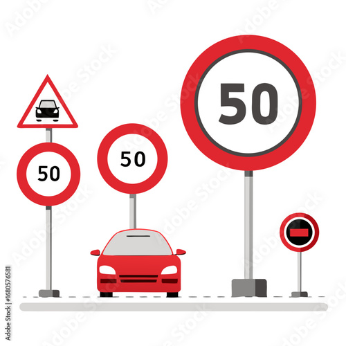 Collection of road signs and a car