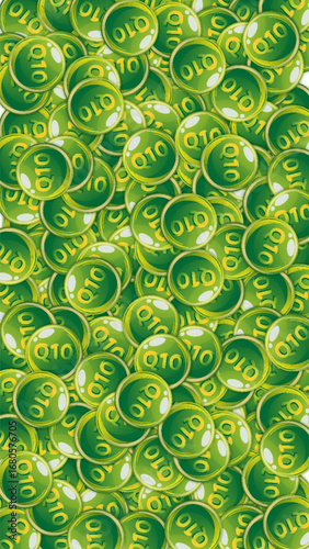 Vitamin Q10 round capsules scattered randomly.