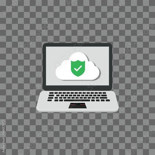 Laptop,cloud,security illustration with green shield check icon modern digital protection concept representing data privacy storage online safety technology and secure internet network access