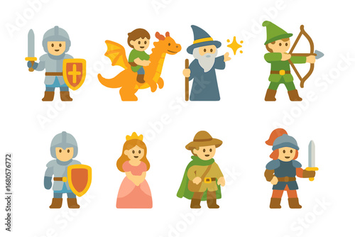 Children's Knight Icons. Flat vector mini-illustrations knight heraldry in colors children's illustrations: coat of arms, family