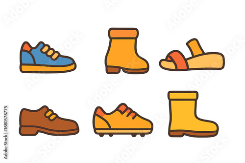 Children's Left Shoe Icons. Flat vector mini-illustrations left shoe in colors children's illustrations: left sneaker, left boot,
