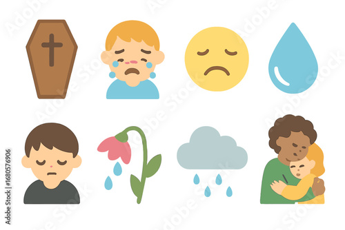Children's Mourning Icons. Flat vector mini-illustrations coffin and mourning in colors children's illustrations: crying child,