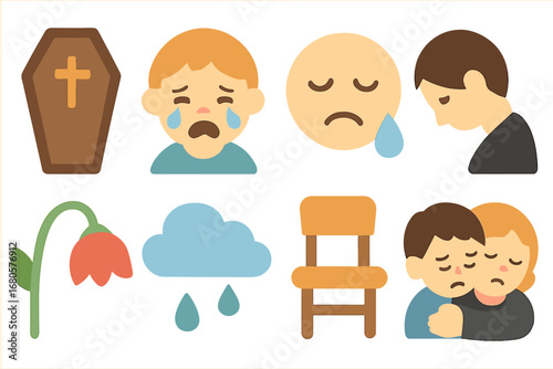 Children's Mourning Icons. Flat vector mini-illustrations coffin and mourning in colors children's illustrations: crying child,