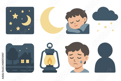 Children's Nighttime Illustrations. Flat vector mini-illustrations sorrow and nighttime in colors children's illustrations: starry