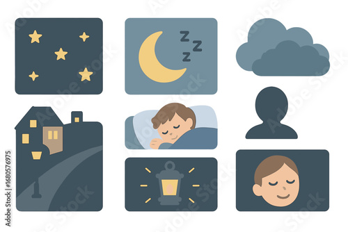 Children's Nighttime Illustrations. Flat vector mini-illustrations sorrow and nighttime in colors children's illustrations: starry