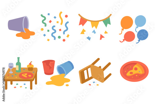 Children's Party Chaos. Flat vector mini-illustrations messy party in colors children's illustrations: spilled drinks, confetti,