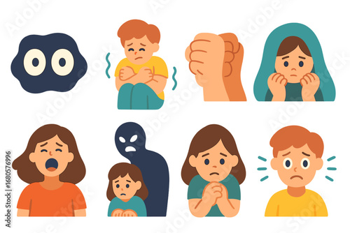 Children's Nightmare Icons. Flat vector mini-illustrations nightmare and fear in colors children's illustrations: scared eyes,
