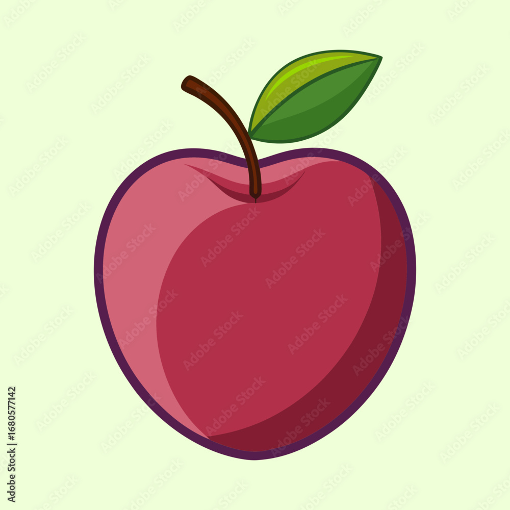 Fototapeta premium Cartoon image of an apple with a leaf and stem on light green background