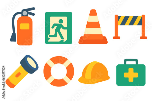 Children's Safety Equipment Icons. Flat vector mini-illustrations SOS safety equipment in colors children's illustrations: fire