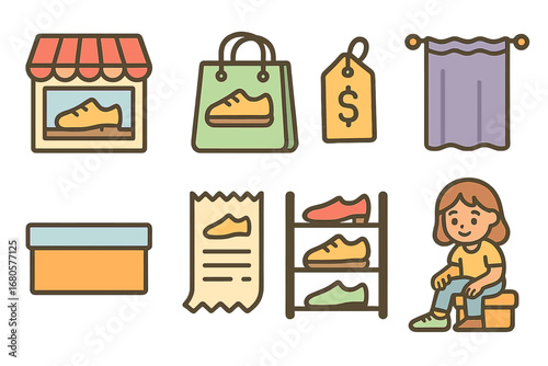 Children's Shoe Shopping. Flat vector mini-illustrations shoe shopping in colors children's illustrations: shoe store, shopping