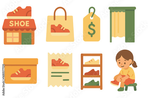 Children's Shoe Shopping. Flat vector mini-illustrations shoe shopping in colors children's illustrations: shoe store, shopping