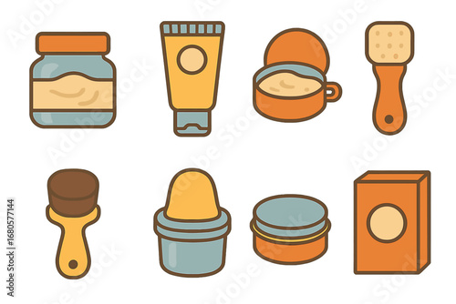Children's Shoe Care Icons. Flat vector mini-illustrations shoe cream packaging in colors children's illustrations: cream jar,