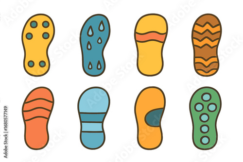 Children's Shoe Soles. Flat vector mini-illustrations sole in colors children's illustrations: shoe sole, footprint, tread pattern