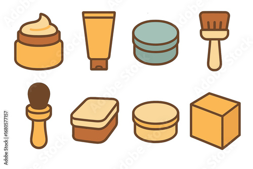 Children's Shoe Care Icons. Flat vector mini-illustrations shoe cream packaging in colors children's illustrations: cream jar,