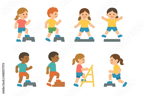 Children's Step Exercises. Flat vector mini-illustrations step exercise in colors children's illustrations: step aerobics, step up