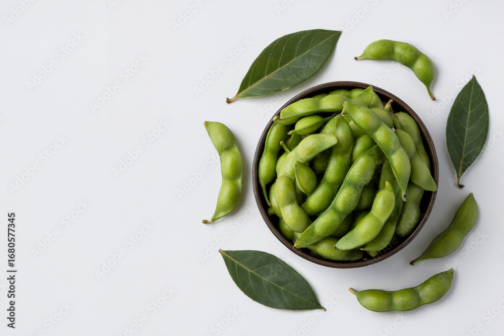 custom made wallpaper toronto digitalTop down view of fresh green edamame pods in a bowl with leaves soybeans
