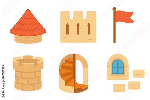 Children's Turret Illustrations. Flat vector mini-illustrations turret parts in colors children's illustrations: turret roof,