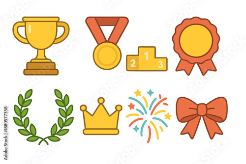 Children's Victory Icons. Flat vector mini-illustrations competition winners in colors children's illustrations: gold trophy,