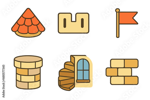 Children's Turret Illustrations. Flat vector mini-illustrations turret parts in colors children's illustrations: turret roof,