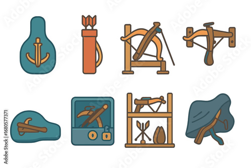 Children's War Icons. Flat vector mini-illustrations crossbow transport and storage in colors children's illustrations: carrying