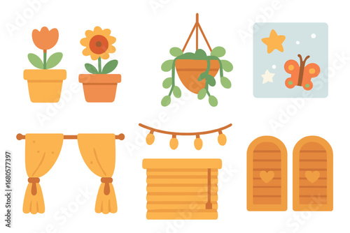 Children's Window Decor. Flat vector mini-illustrations window decoration in colors children's illustrations: flower pots, hanging