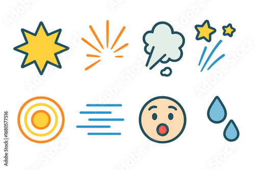 Colorful Action Icons. Flat vector mini-illustrations cartoon jolts in colors children's illustrations: burst star, impact lines,