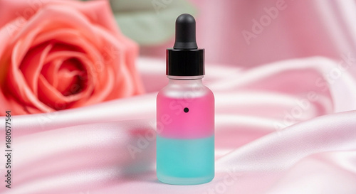 Elegant glass dropper bottle filled with pink serum beside a soft peach rose on silky fabric